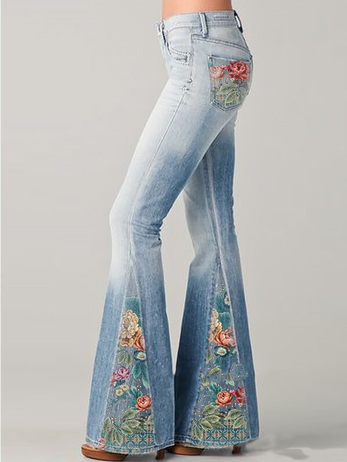 Bohemian Collection Flared Jeans Ombre Floral Indigo Elite