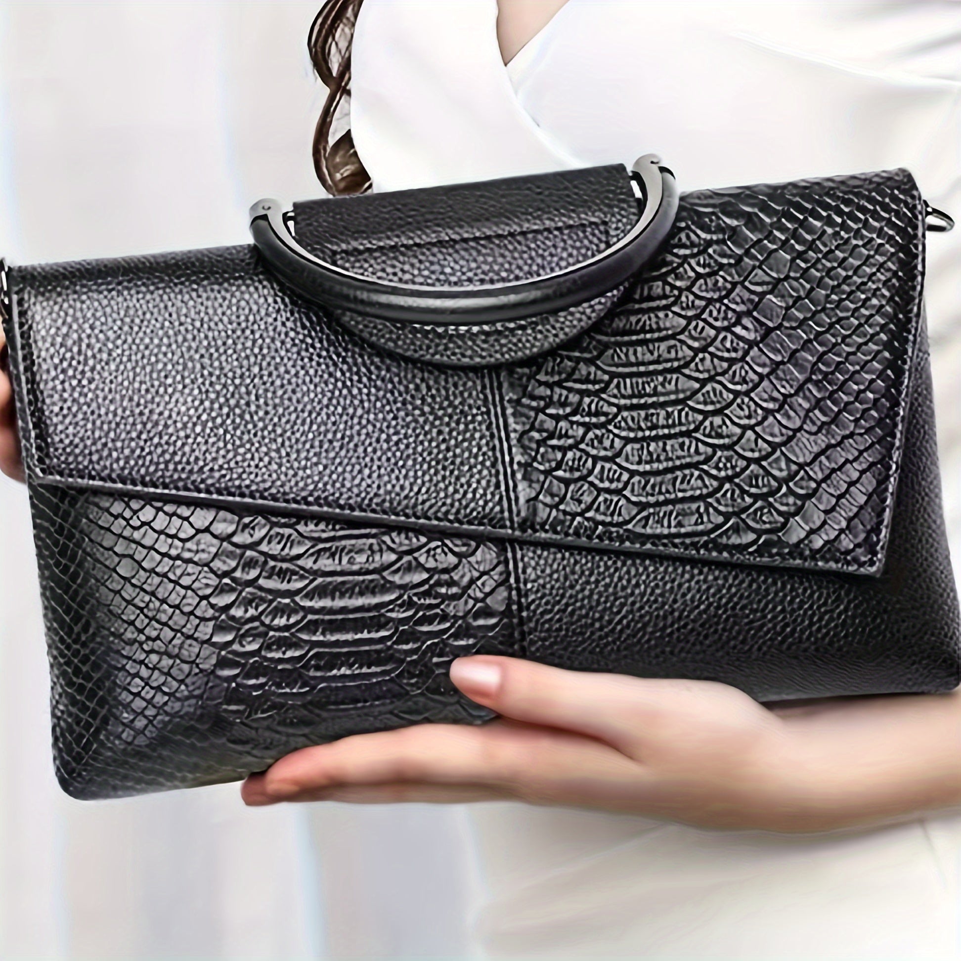 Crocodile Embossed Flap Crossbody Bag Top Handle Limited Edition Artisanal Craftsmanship
