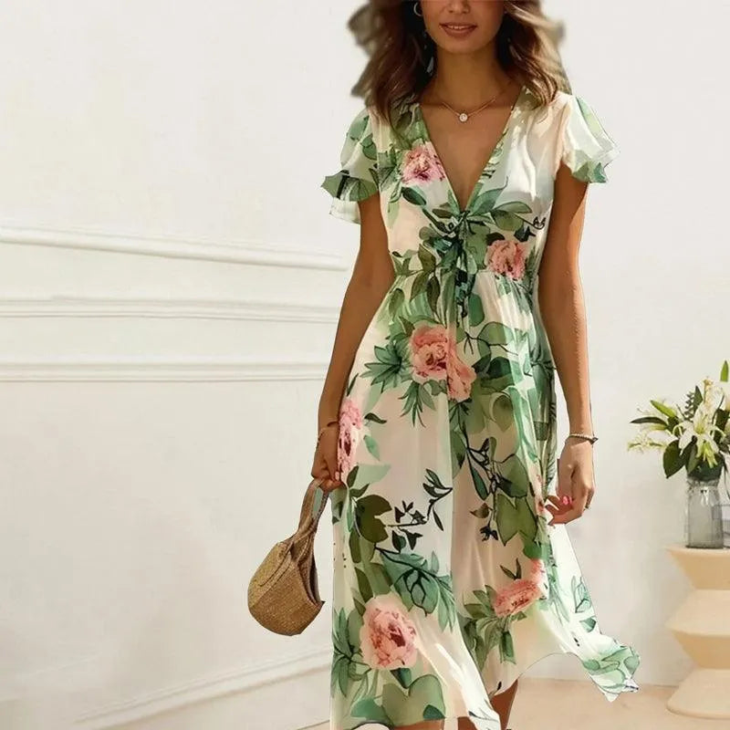 Silk Crepe Floral Midi Dress Green Luxury Collection Flutter Sleeves Exclusive