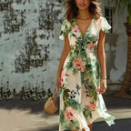 Silk Crepe Floral Midi Dress Green Luxury Collection Flutter Sleeves Exclusive