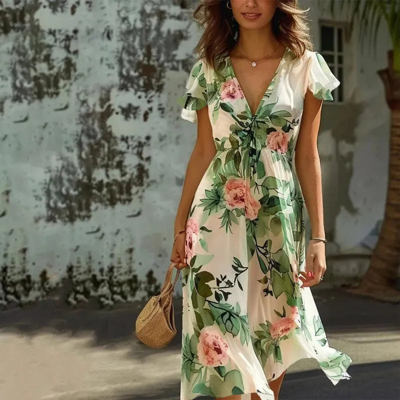 Silk Crepe Floral Midi Dress Green Luxury Collection Flutter Sleeves Exclusive