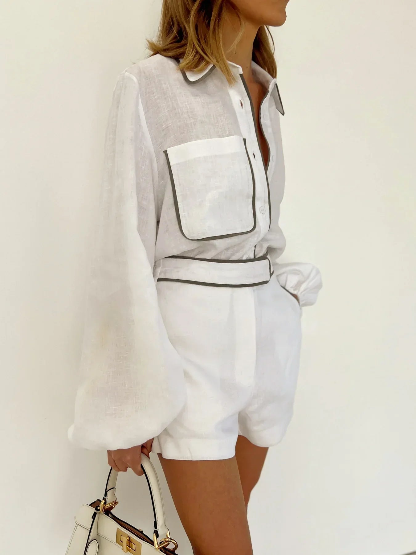 Cotton-Blend Collection Two-Piece White Shorts Set With Contrast Trim Limited