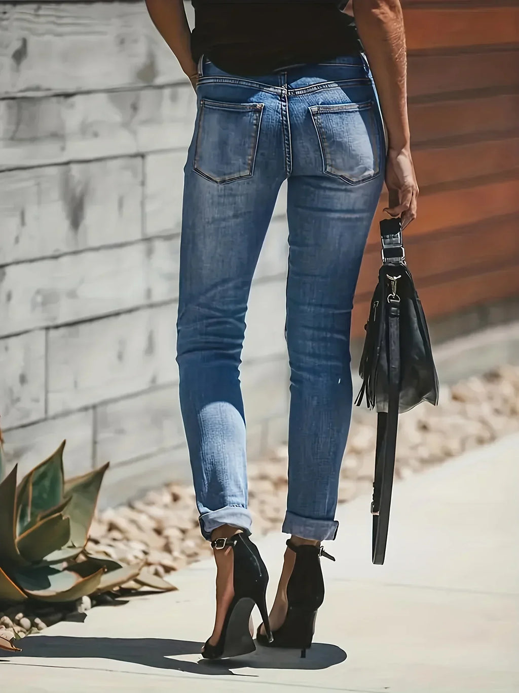 Premium Denim Collection Slim Fit Ripped Jeans For Women Blue Rolled Hem Exclusive
