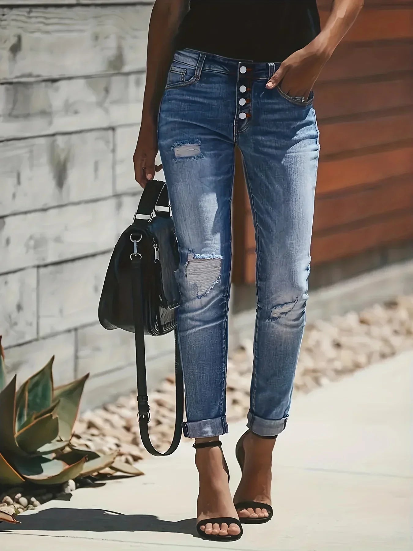 Premium Denim Collection Slim Fit Ripped Jeans For Women Blue Rolled Hem Exclusive