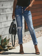 Premium Denim Collection Slim Fit Ripped Jeans For Women Blue Rolled Hem Exclusive