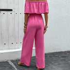 Luxe Collection Pink Off Shoulder Wide Leg Jumpsuit Textured Fabric Blend Exclusive