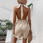 Khaki Pleated Halter Neck Playsuit Luxe Limited Edition Lightweight Fabric