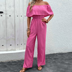 Luxe Collection Pink Off Shoulder Wide Leg Jumpsuit Textured Fabric Blend Exclusive