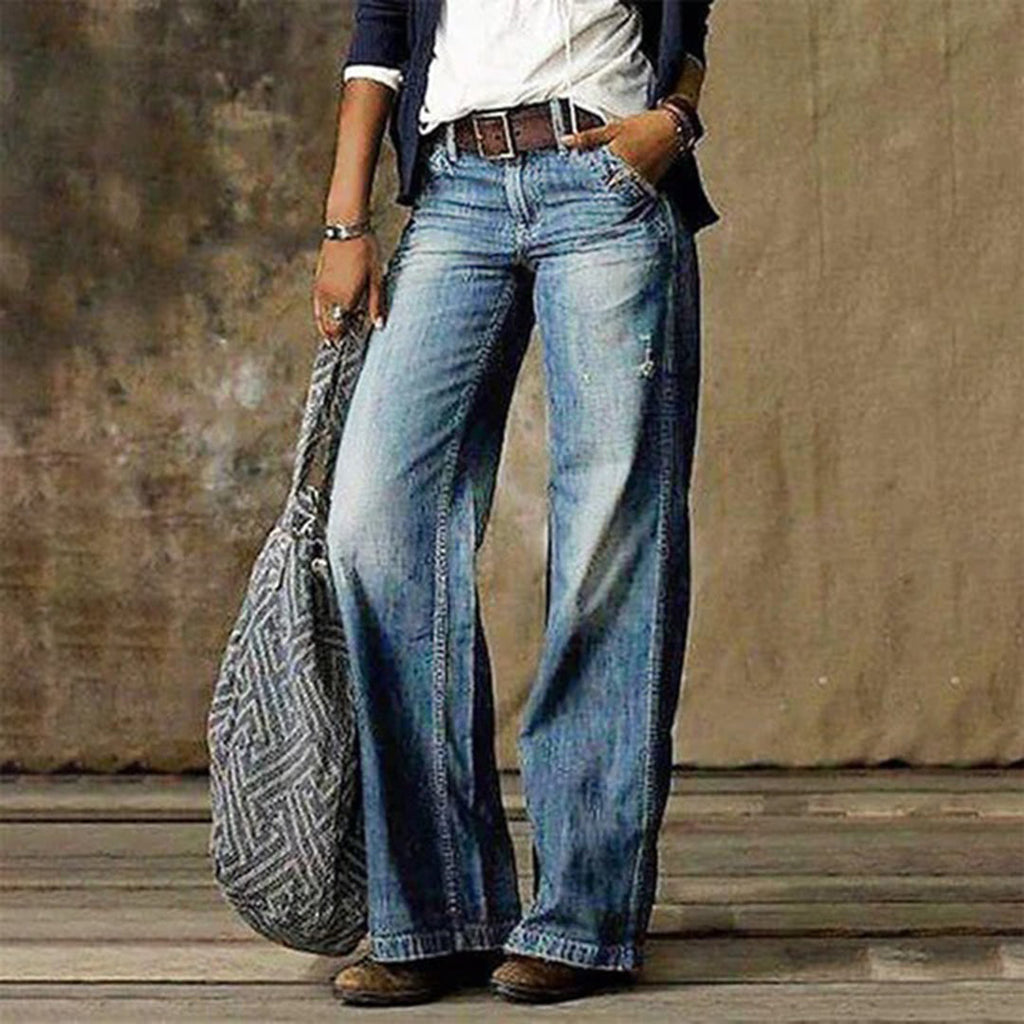 Premium Denim High Waisted Wide Leg Jeans Signature Distressed Relaxed Fit