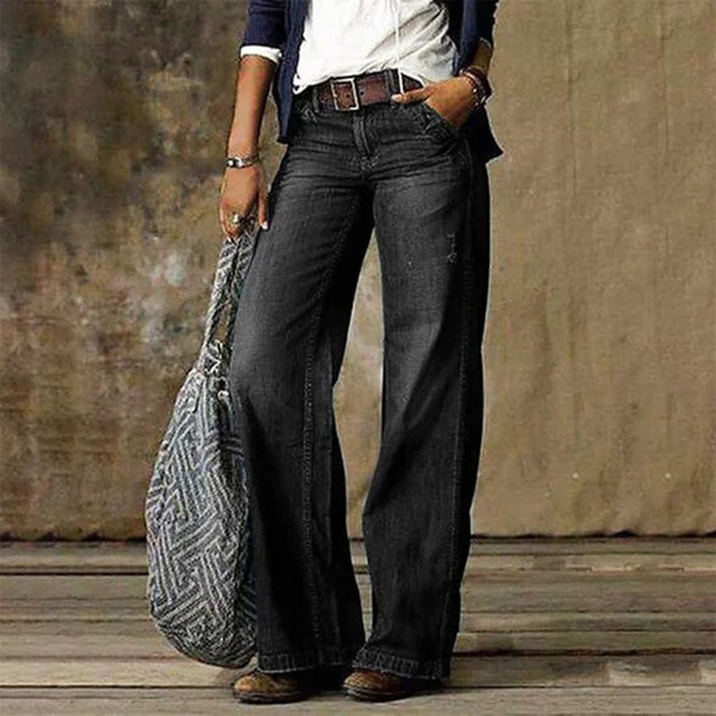 Premium Denim High Waisted Wide Leg Jeans Signature Distressed Relaxed Fit