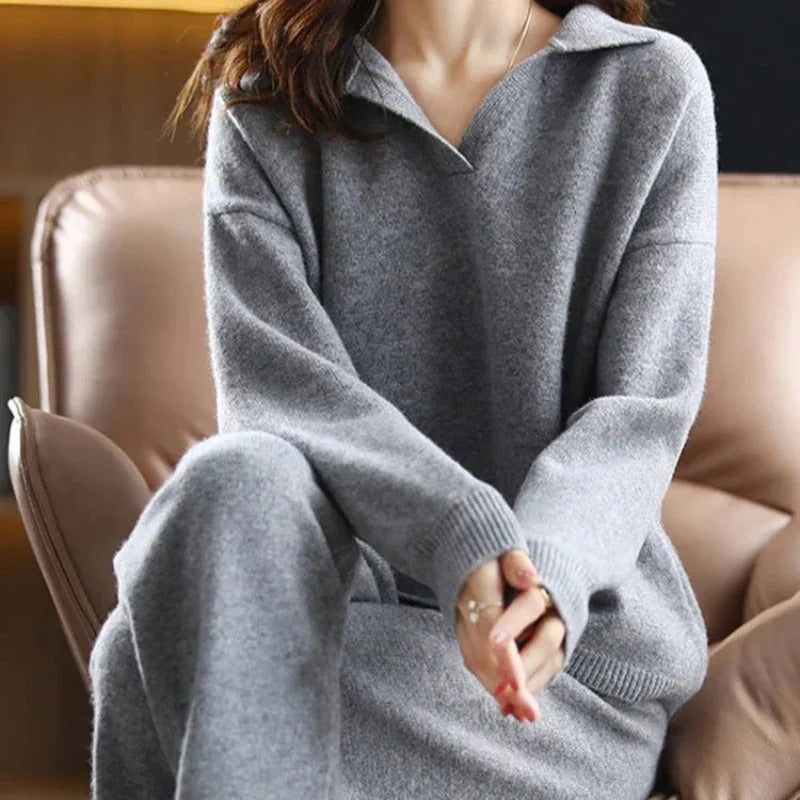 Luxuriously Soft Knit Two Piece Set Polo Neck Jumper Wide Leg Trousers Exclusive