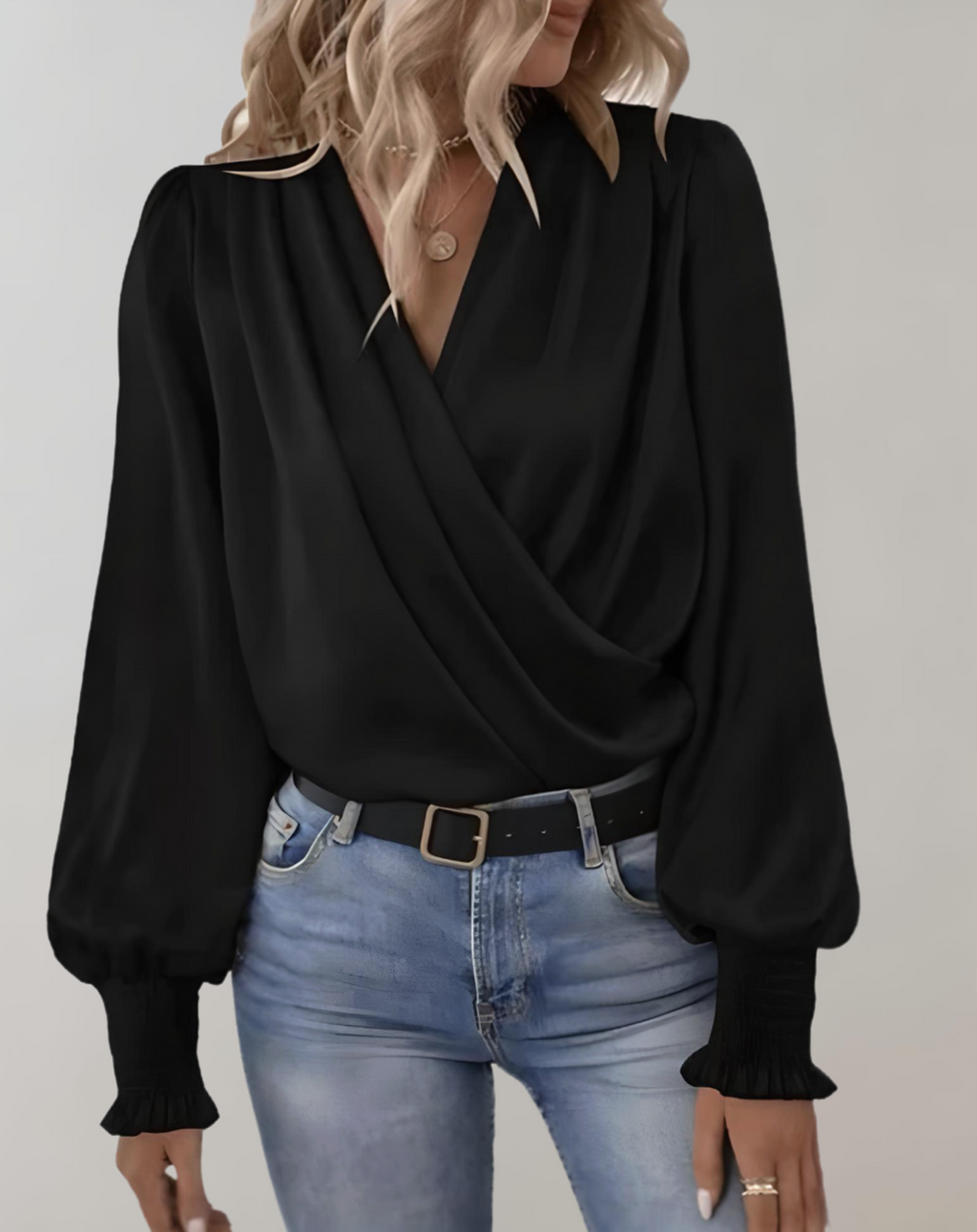 Satin Wrap Blouse With V Neck Ruched Cuffs Architectural Timeless Limited Edition
