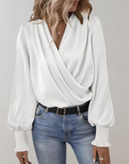 Satin Wrap Blouse With V Neck Ruched Cuffs Architectural Timeless Limited Edition