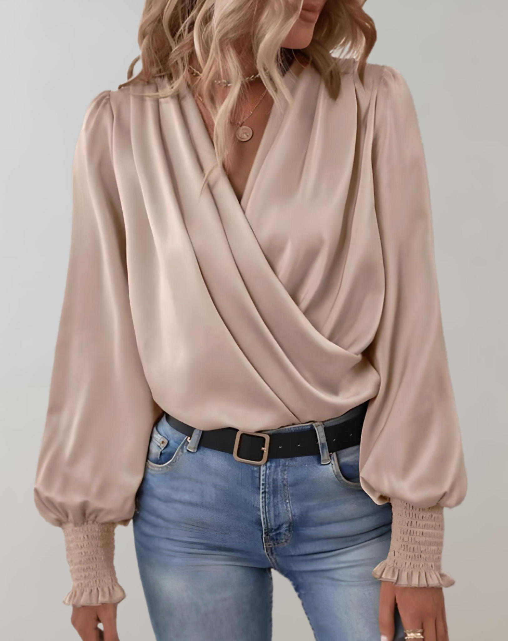 Satin Wrap Blouse With V Neck Ruched Cuffs Architectural Timeless Limited Edition