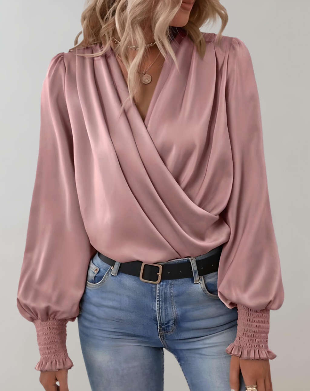 Satin Wrap Blouse With V Neck Ruched Cuffs Architectural Timeless Limited Edition