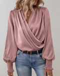 Satin Wrap Blouse With V Neck Ruched Cuffs Architectural Timeless Limited Edition