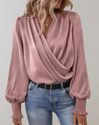 Satin Wrap Blouse With V Neck Ruched Cuffs Architectural Timeless Limited Edition
