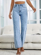 Pearl Embellished Denim Jeans for Women, High-Waisted Straight Leg, Exclusive