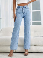 Pearl Embellished Denim Jeans for Women, High-Waisted Straight Leg, Exclusive