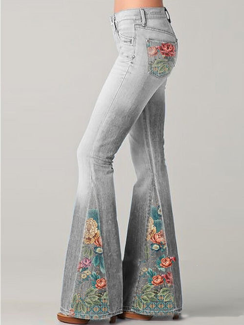 Bohemian Collection Flared Jeans Ombre Floral Indigo Elite
