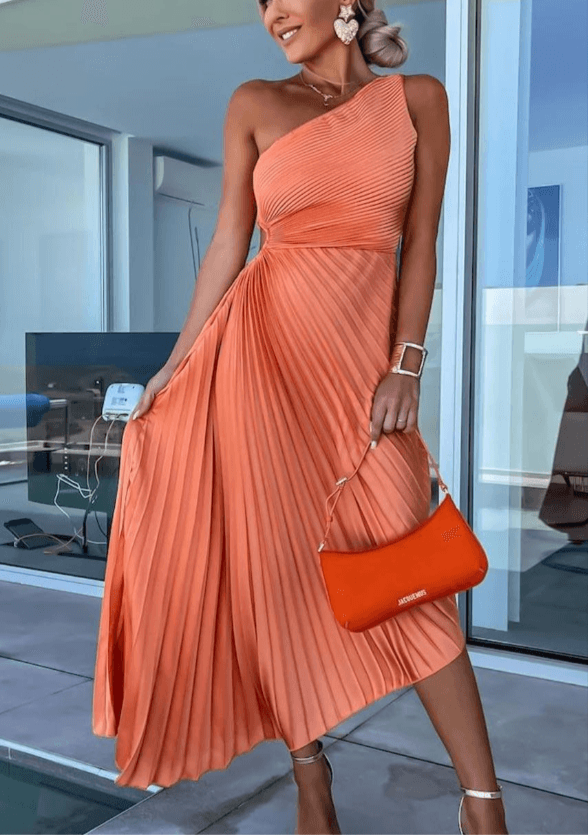 Luxe Pleats Collection One Shoulder Pleated Midi Dress Limited Edition