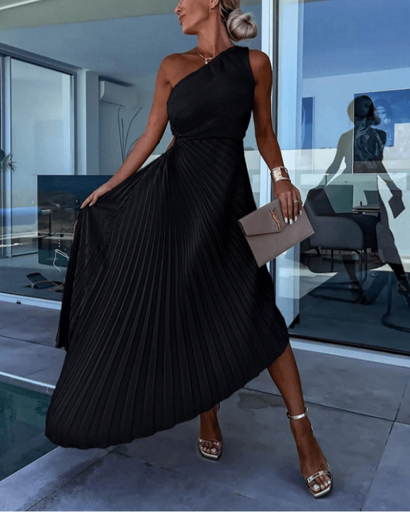 Luxe Pleats Collection One Shoulder Pleated Midi Dress Limited Edition