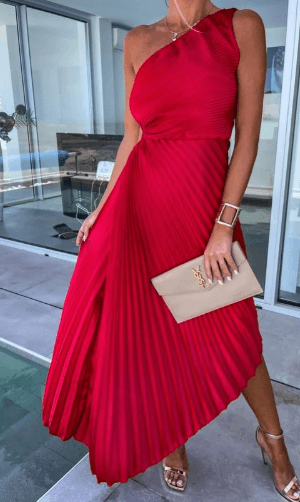 Luxe Pleats Collection One Shoulder Pleated Midi Dress Limited Edition