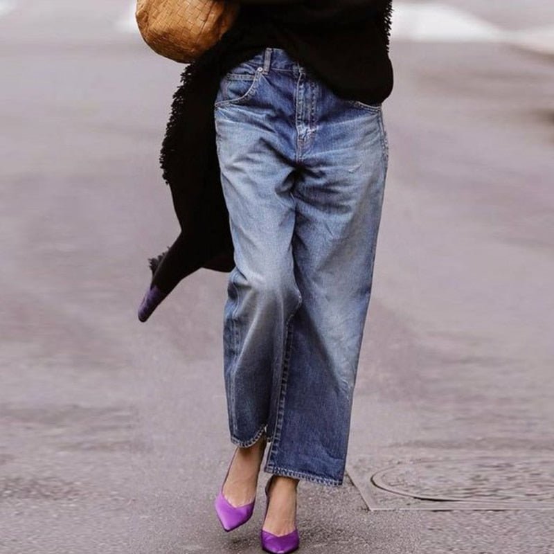 Two Tone Denim Wide Leg Jeans Mid Rise Limited Edition Women Exclusive Craft Finish